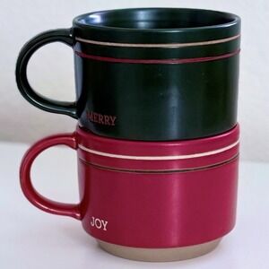 Magnolia Hearth & Hand Merry Joy Stoneware Coffee Mugs Cups Stackable Set of 2